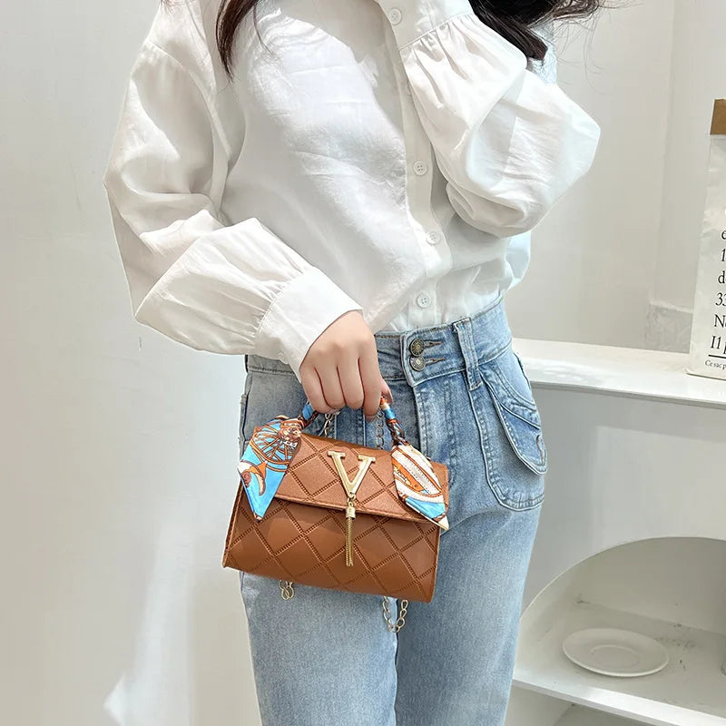 New Fashion Elegant Square Chain Shoulder Bag – V-Pattern, Silk Scarf & Tassel Detail