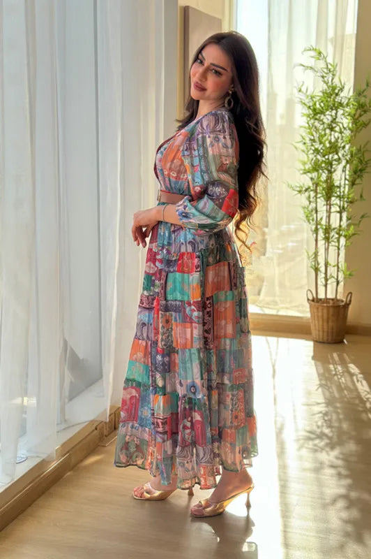 2025 Spring Summer Women’s Chiffon Dress – V-Neck, Long Sleeve, Belted A-Line Party Look