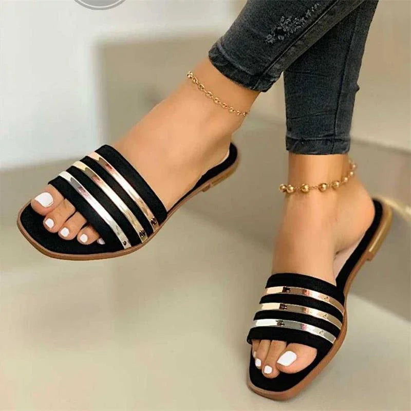 Trendy Women's Slides Chic Metal-Striped Summer Slippers – Flat, Slip-On Comfort for Casual Outdoors, Available in Plus Size