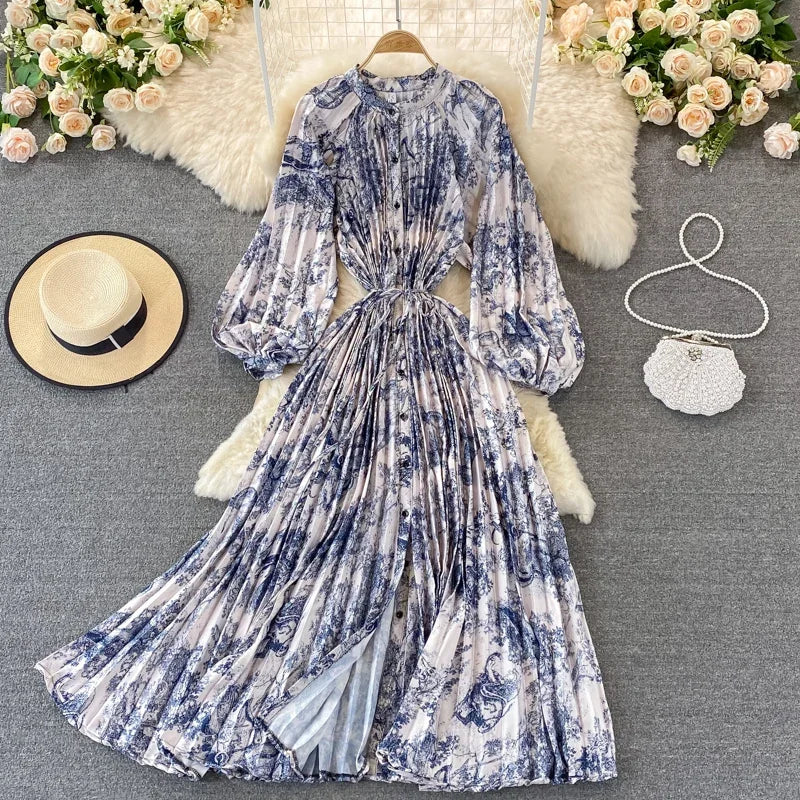 Boho Floral Chiffon Midi Dress  Puff Sleeve, Lace-Up Waist, Beach Style for Women