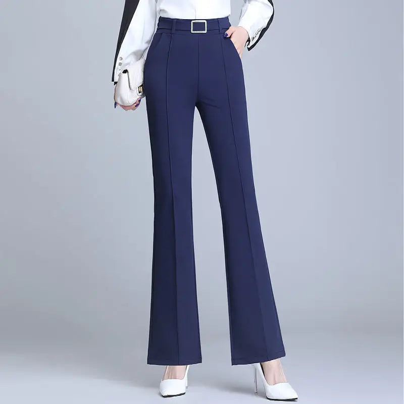 Women's Elegant High-Waist Flare Pants Diamond Detail Casual Straight Trousers for Spring & Autumn