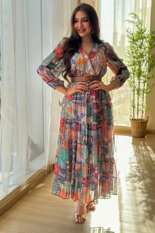2025 Spring Summer Women’s Chiffon Dress – V-Neck, Long Sleeve, Belted A-Line Party Look