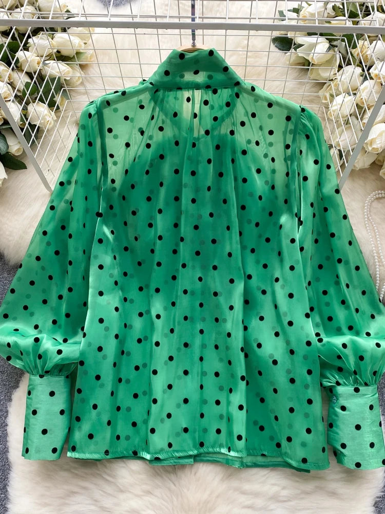 2025 Sweet Vintage Polka Dot Shirt long Sleeve Office ladies Blouses Tops