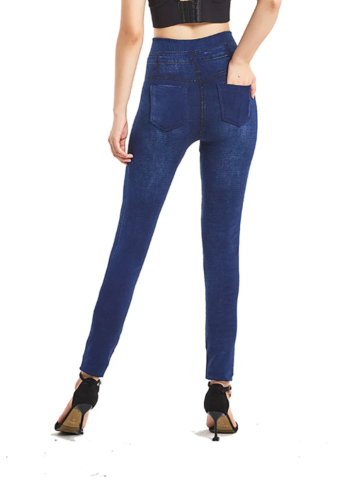 Leggings for Women Plus Size Stretch ,Seamless Soft Pencil Leggings with Faux Jeans Look & Pockets