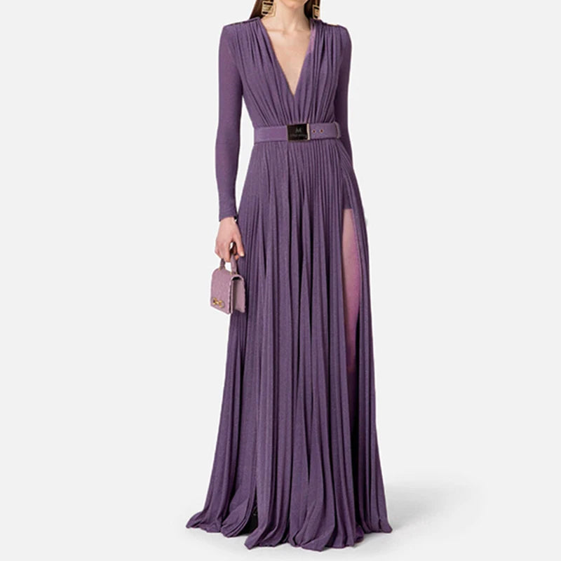 Elegant 2024 Long Sleeve V-Neck Evening Dress Slim High Waist Party Gown for Women
