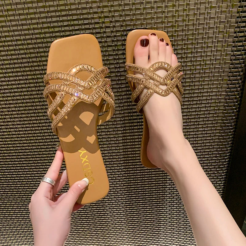Luxury Rhinestone Flat Slippers Women's Summer Fashion Sandals for Beach & Party