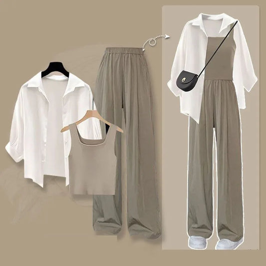 2025 Summer Women’s Tracksuit Set – Elegant White Sunscreen Shirt, Vest & Wide Leg Pants, Stylish 3-Piece Casual Outfit