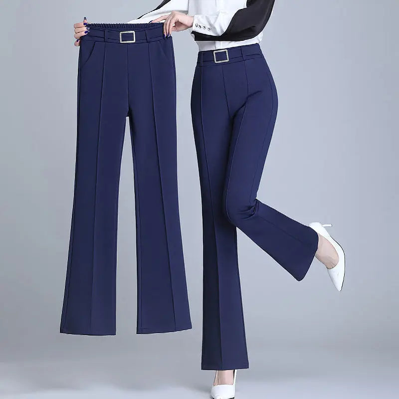 Women's Elegant High-Waist Flare Pants Diamond Detail Casual Straight Trousers for Spring & Autumn
