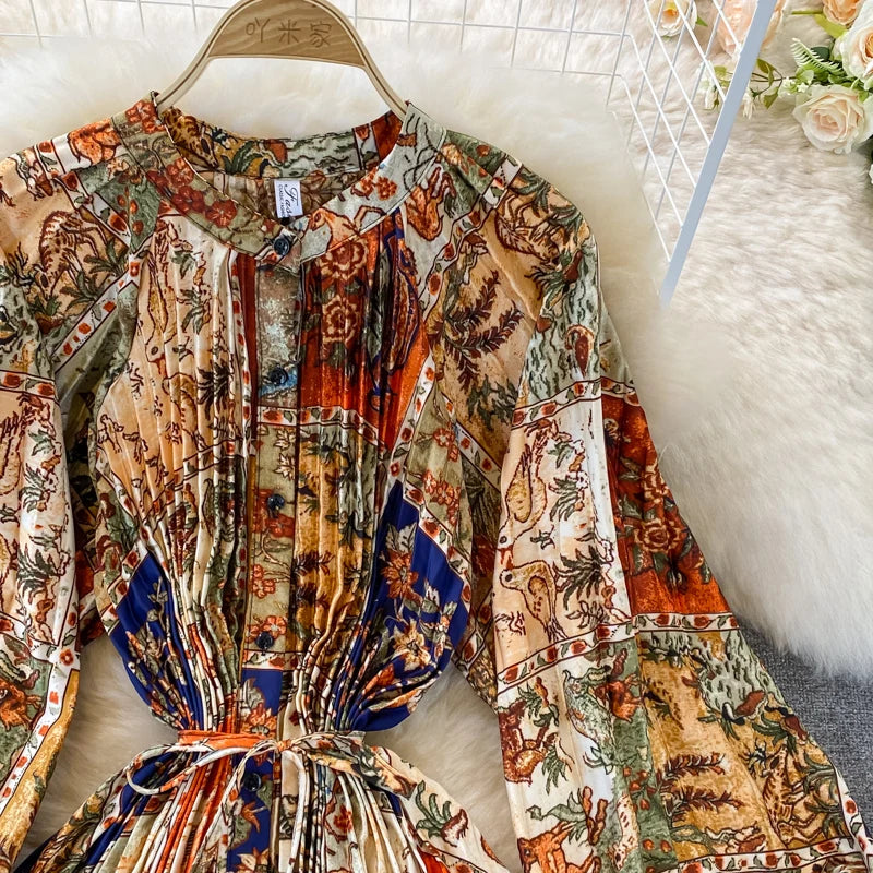 Boho Floral Chiffon Midi Dress  Puff Sleeve, Lace-Up Waist, Beach Style for Women