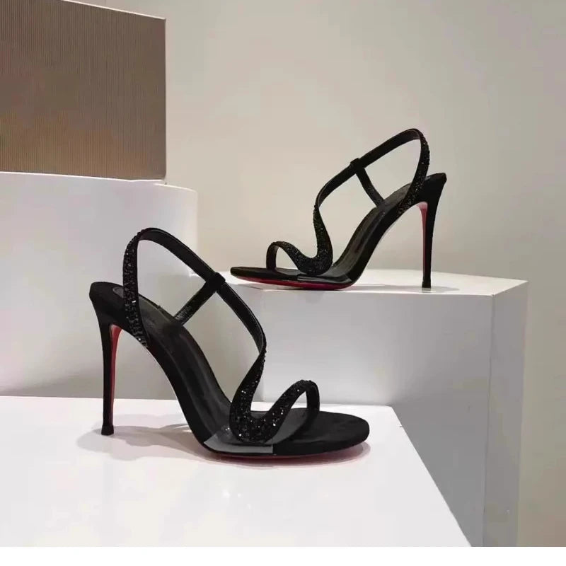 2025 Spring/Summer Sexy Black Serpentine High Heels French Style Open-Toe Sandals with Rhinestone Strap