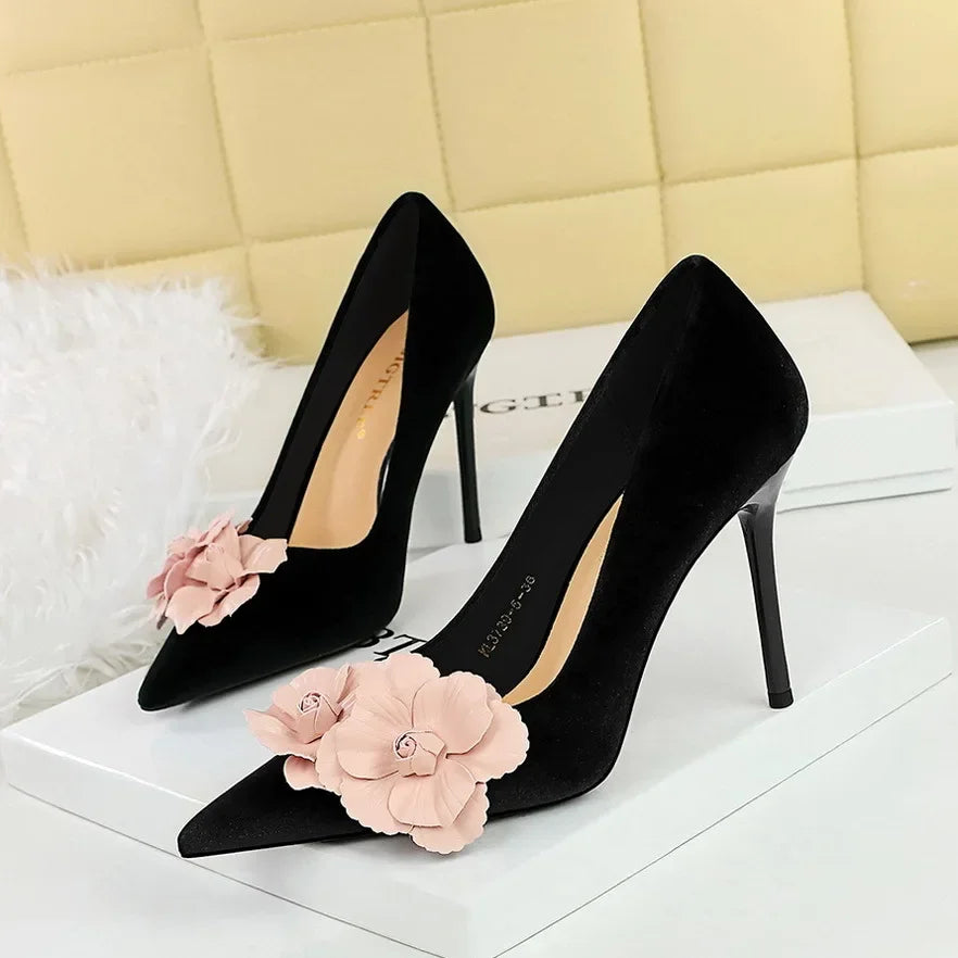 style Women's Suede Floral Stilettos Elegant High Heels for Banquets & Special Occasions