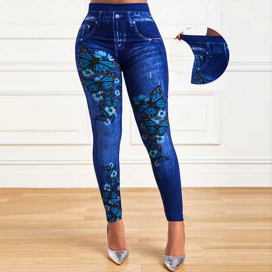 Trendsetting Plus Size Denim-Look Jeggings: High-Waist Stretchy Skinny Pants with Fashionable Prints – Perfect for Effortless Style and Comfort