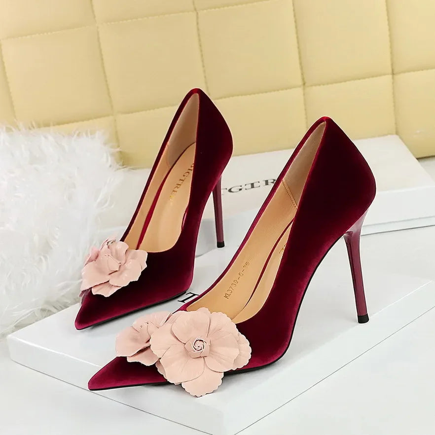 style Women's Suede Floral Stilettos Elegant High Heels for Banquets & Special Occasions