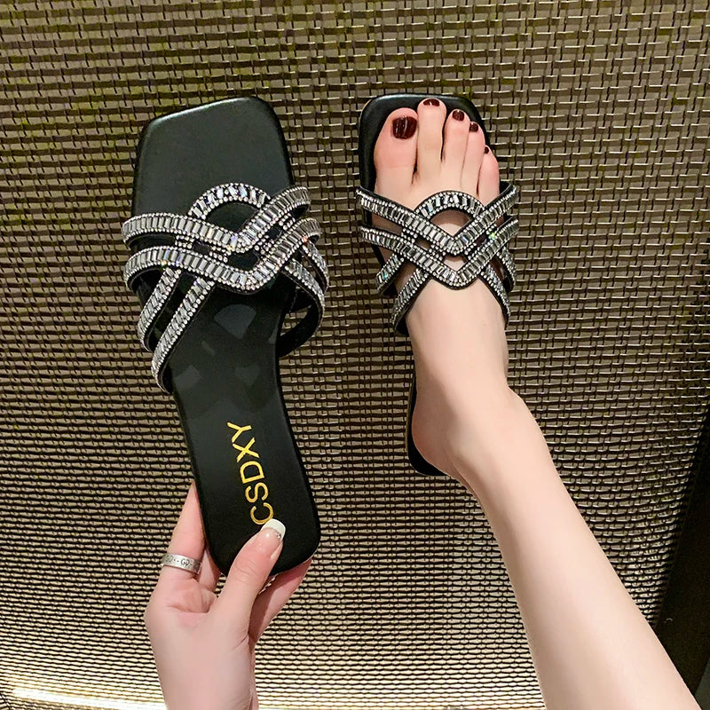 Luxury Rhinestone Flat Slippers Women's Summer Fashion Sandals for Beach & Party