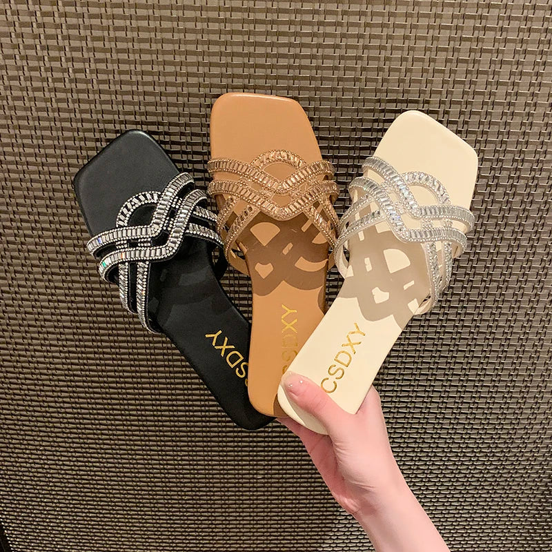 Luxury Rhinestone Flat Slippers Women's Summer Fashion Sandals for Beach & Party