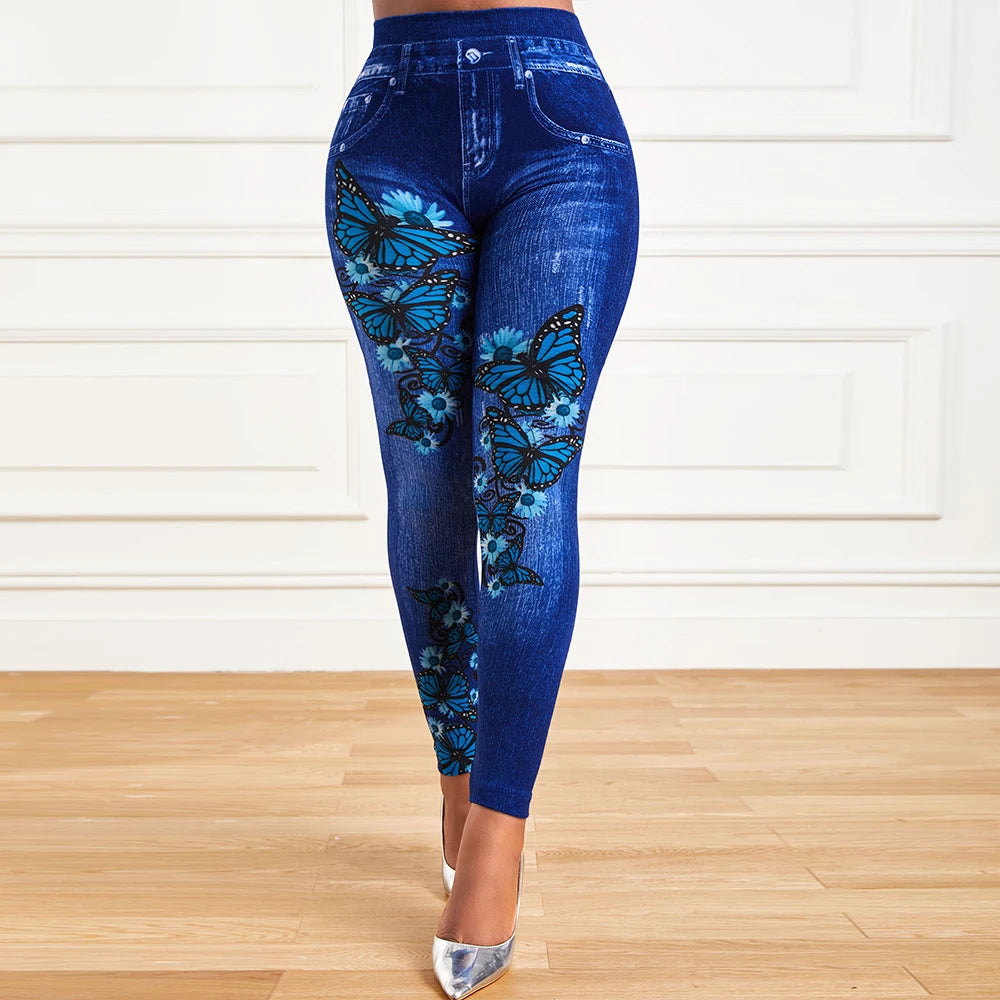 Trendsetting Plus Size Denim-Look Jeggings: High-Waist Stretchy Skinny Pants with Fashionable Prints – Perfect for Effortless Style and Comfort