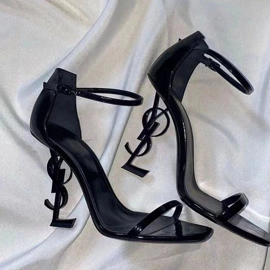 Modern One-Line Heels – Luxe Black Patent Leather Sandals