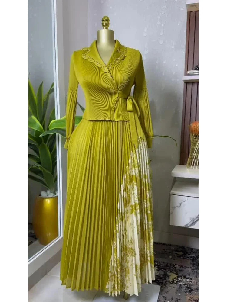 EGRM Women's Spring Dress 2025  Elegant Pleated Skirt, Suit Collar, Flattering A-Line Silhouette