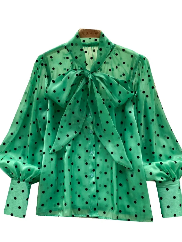 2025 Sweet Vintage Polka Dot Shirt long Sleeve Office ladies Blouses Tops