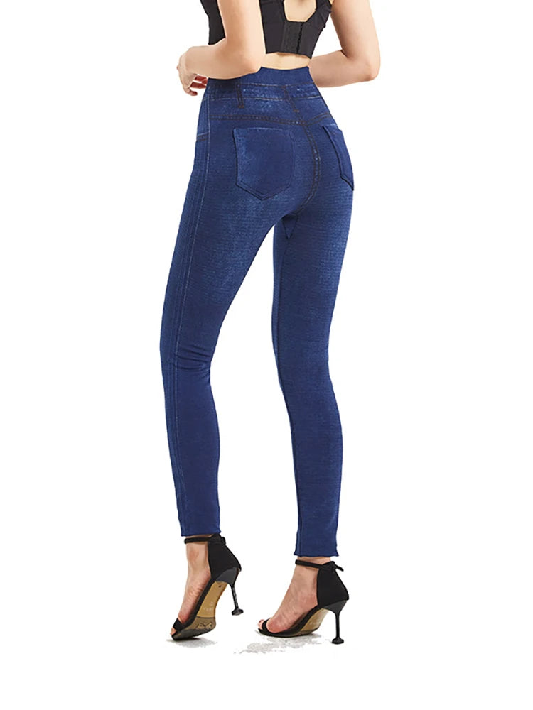 Leggings for Women Plus Size Stretch ,Seamless Soft Pencil Leggings with Faux Jeans Look & Pockets