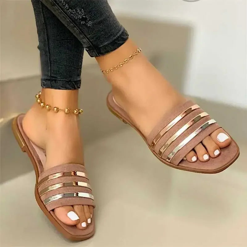 Trendy Women's Slides Chic Metal-Striped Summer Slippers – Flat, Slip-On Comfort for Casual Outdoors, Available in Plus Size