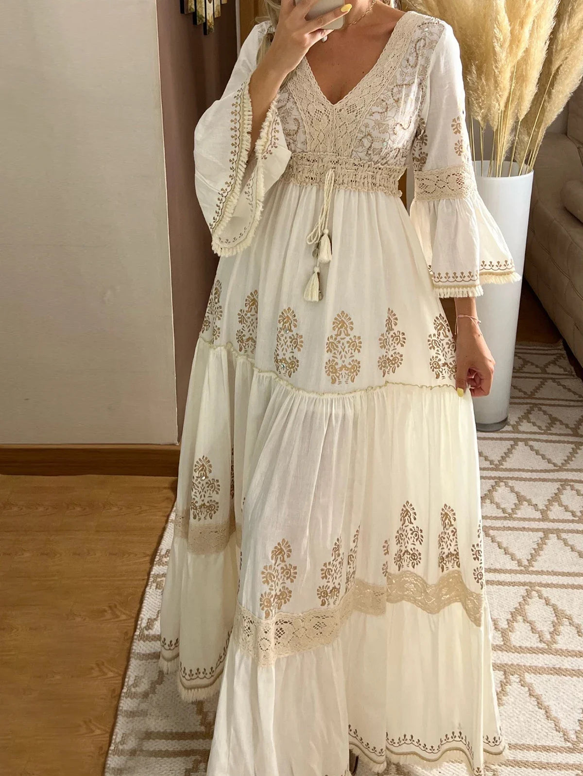Long dress 2025 women summer  Elegant Boho Maxi Dress – Hollow Out Lace Summer Holiday Wear