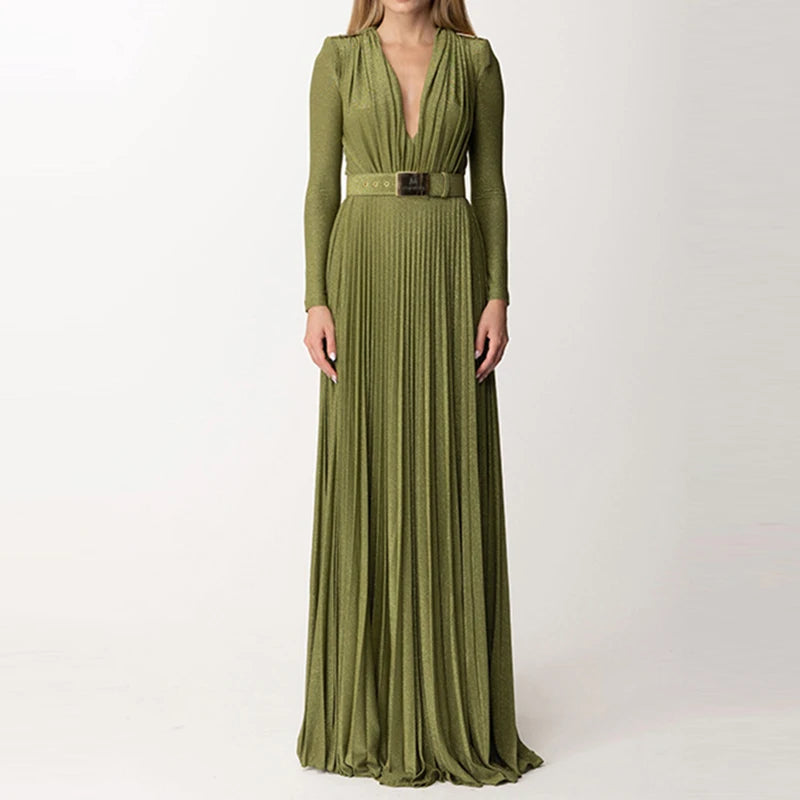 Elegant 2024 Long Sleeve V-Neck Evening Dress Slim High Waist Party Gown for Women