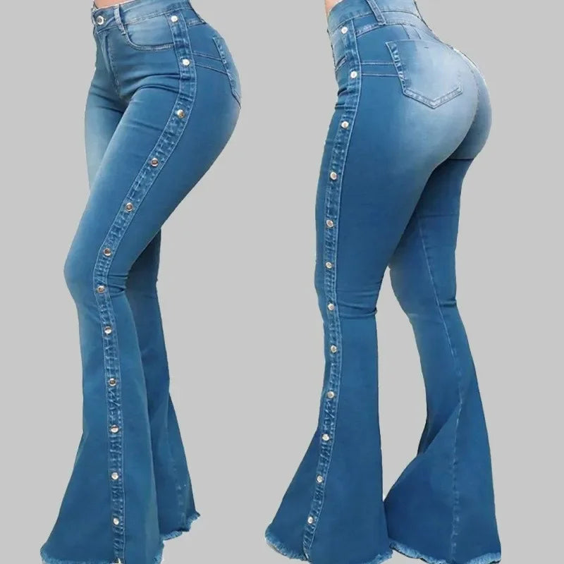 2025 Vintage High-Waist Flare Jeans for Women Stretch Denim Streetwear Trousers with Buttons, Floor-Length Autumn Style