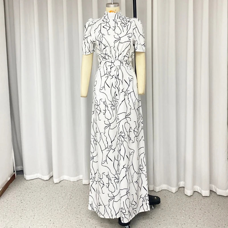 stylish Women's Elegant Art Print Jumpsuit Loose Fit, Halterneck, Short Sleeve Long Pants Set for High Street Style