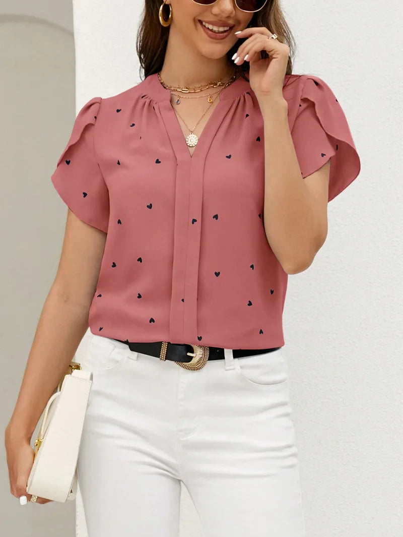 Summer Women's Shirts V-Neck Love Print Blouse Petal Sleeves & Pastoral Charm High Quality Tops for Female