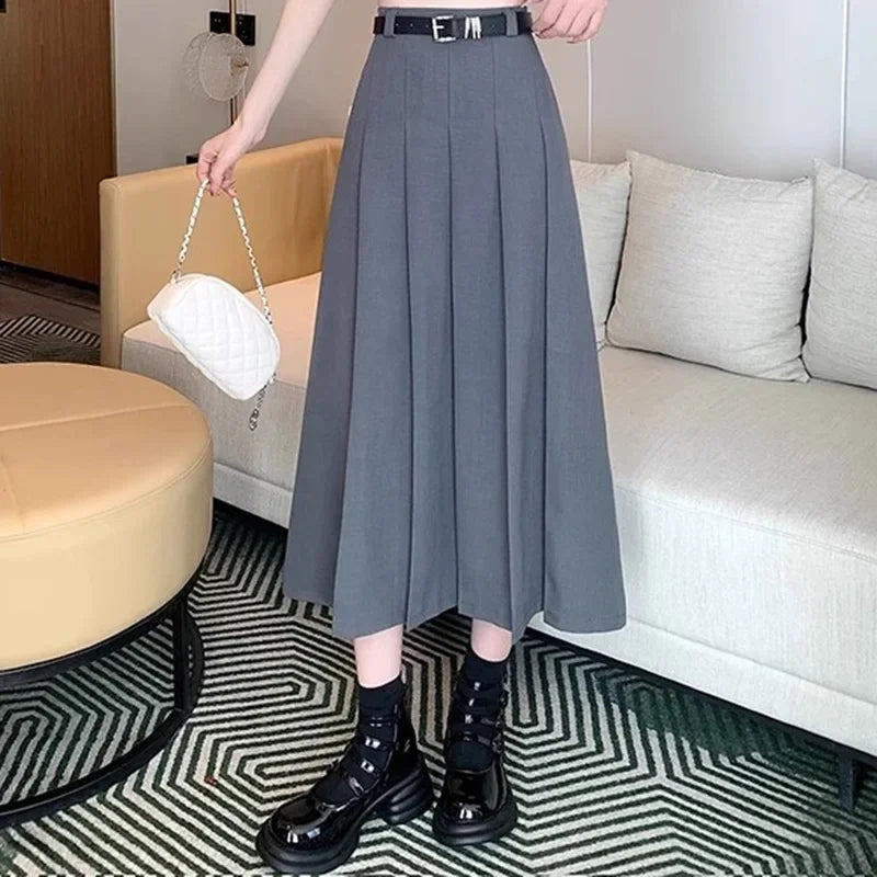 Timeless Black & Gray A-Line Midi Skirt: Slimming High-Waist Design for Summer 2024