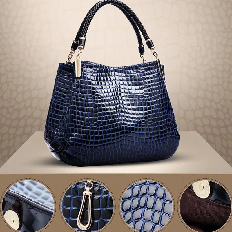 Elegant Large Capacity Handbag – Croc-Effect Glossy Tote for Everyday Use