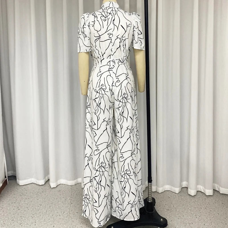 stylish Women's Elegant Art Print Jumpsuit Loose Fit, Halterneck, Short Sleeve Long Pants Set for High Street Style