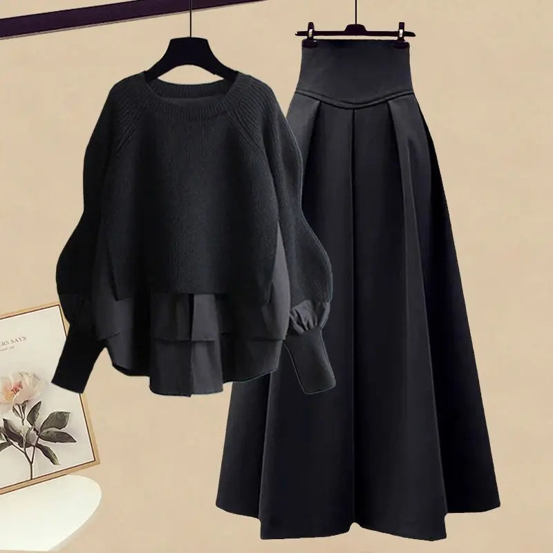 2025 Spring/Autumn New Korean Elegant Splice Fake Two Piece Knitted Sweater Dress Matching Set Women's Chic Pullover Skirt Set