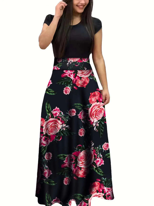 Floral Elegance European & American-Inspired Short Sleeve Swing Dress for Women