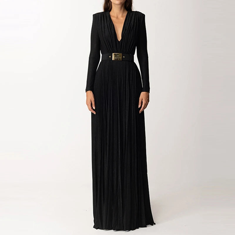 Elegant 2024 Long Sleeve V-Neck Evening Dress Slim High Waist Party Gown for Women