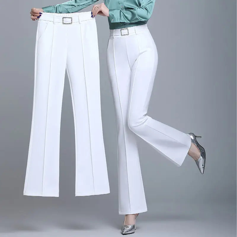 Women's Elegant High-Waist Flare Pants Diamond Detail Casual Straight Trousers for Spring & Autumn