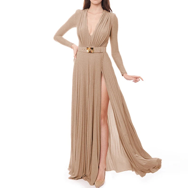Elegant 2024 Long Sleeve V-Neck Evening Dress Slim High Waist Party Gown for Women