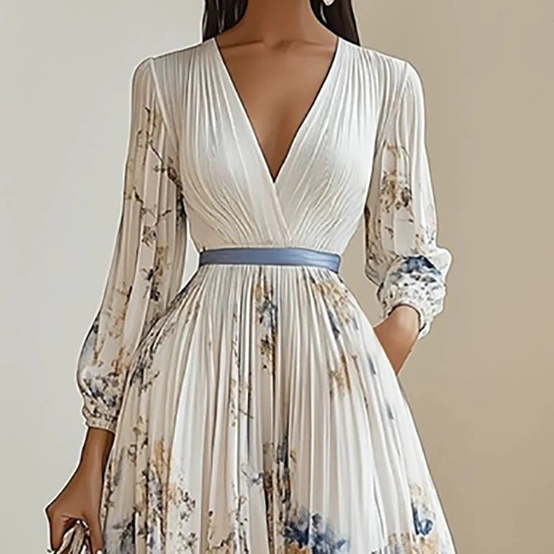 pring 2025 Boho Chic Maxi Dress Long Sleeve Floral A-Line with Sexy Deep V Neck