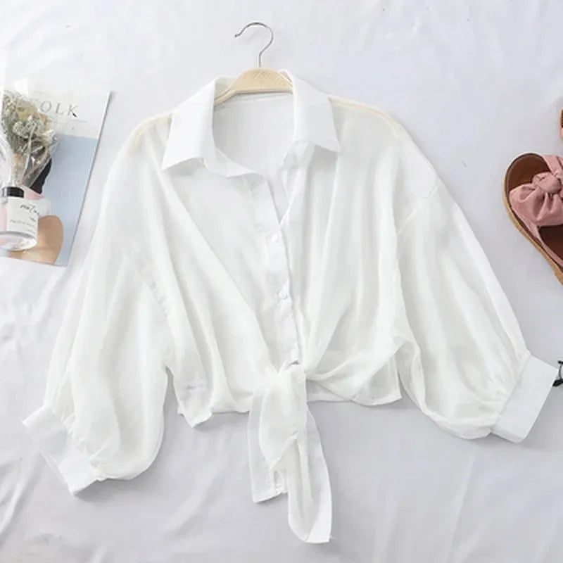 Elegant White Chiffon Blouse – Loose Fit, Tie-Waist, Half-Sleeve Summer Shir