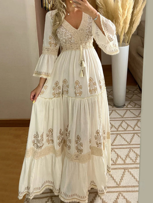 Long dress 2025 women summer  Elegant Boho Maxi Dress – Hollow Out Lace Summer Holiday Wear
