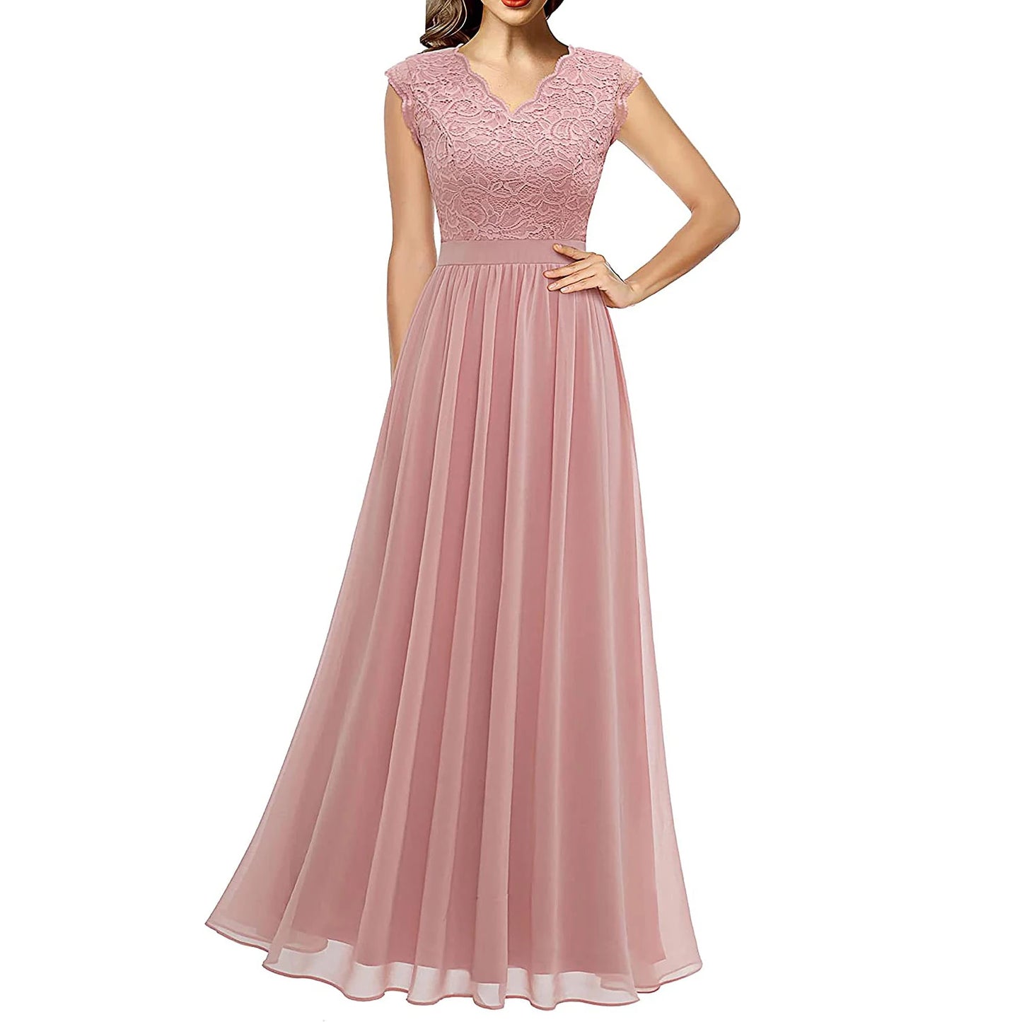 Stylish Lace & Chiffon Party Dress – Sleeveless V-Neck Bridesmaid Formal Gown