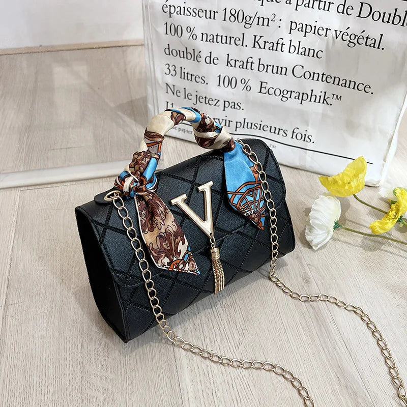 New Fashion Elegant Square Chain Shoulder Bag – V-Pattern, Silk Scarf & Tassel Detail