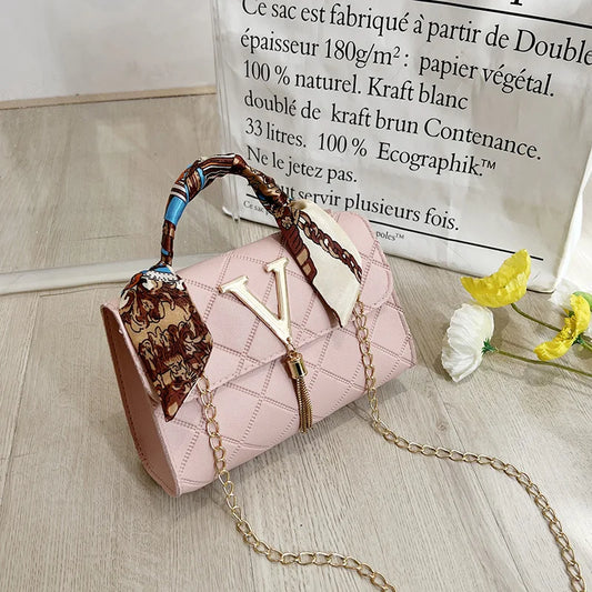 New Fashion Elegant Square Chain Shoulder Bag – V-Pattern, Silk Scarf & Tassel Detail