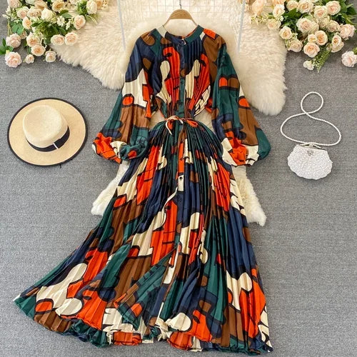 Boho Floral Chiffon Midi Dress  Puff Sleeve, Lace-Up Waist, Beach Style for Women