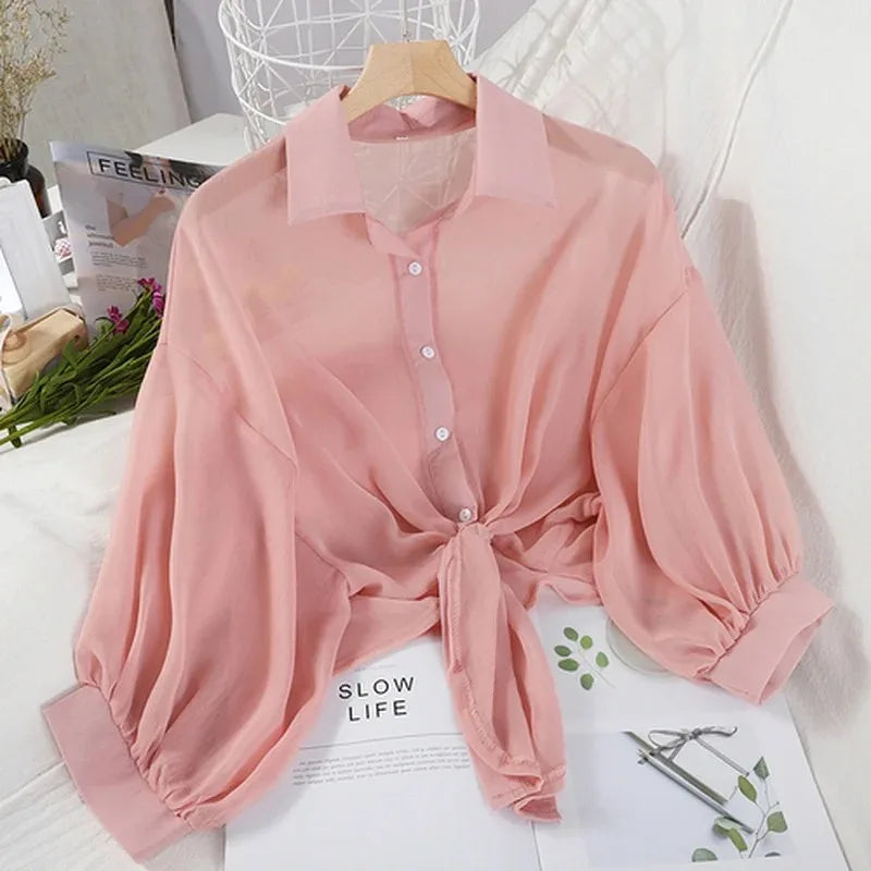 Elegant White Chiffon Blouse – Loose Fit, Tie-Waist, Half-Sleeve Summer Shir