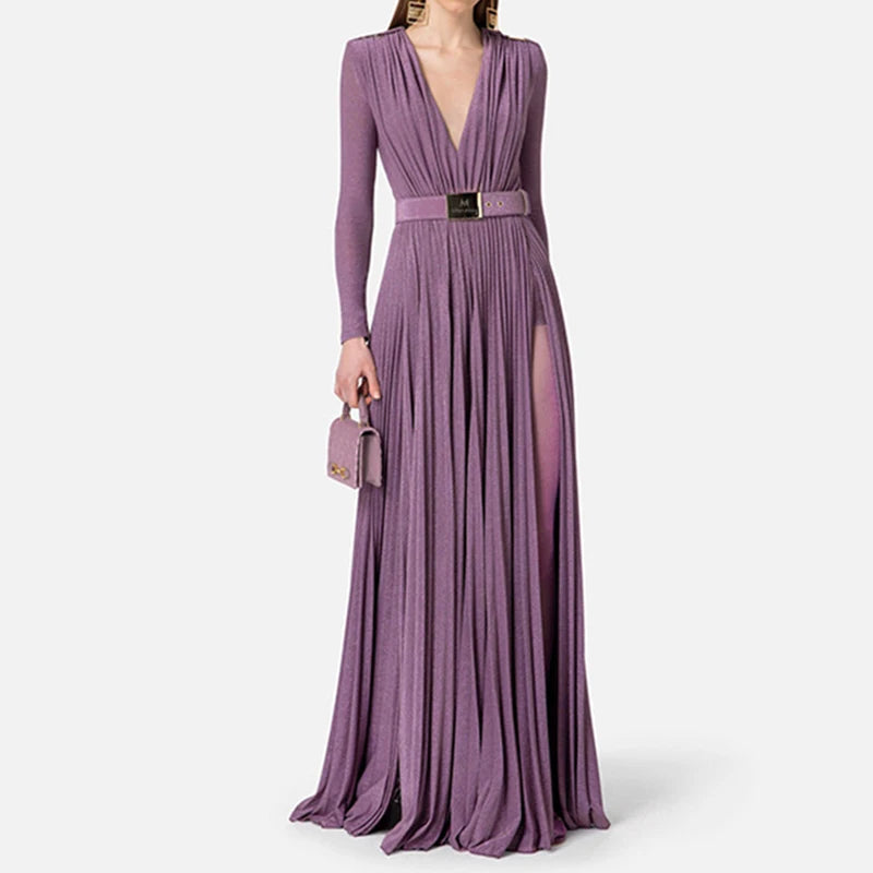 Elegant 2024 Long Sleeve V-Neck Evening Dress Slim High Waist Party Gown for Women