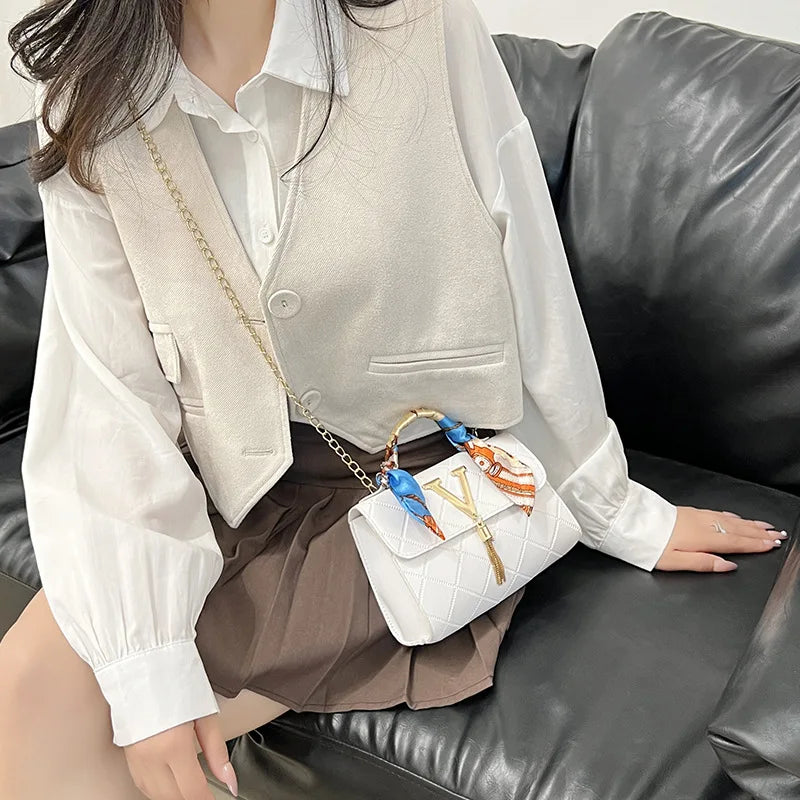 New Fashion Elegant Square Chain Shoulder Bag – V-Pattern, Silk Scarf & Tassel Detail