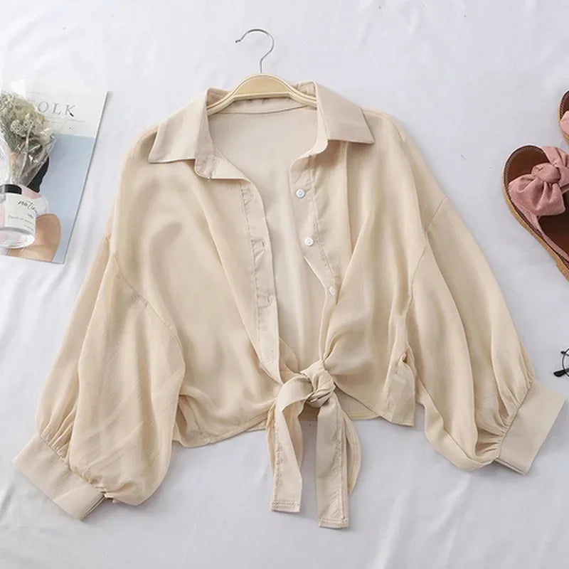 Elegant White Chiffon Blouse – Loose Fit, Tie-Waist, Half-Sleeve Summer Shir