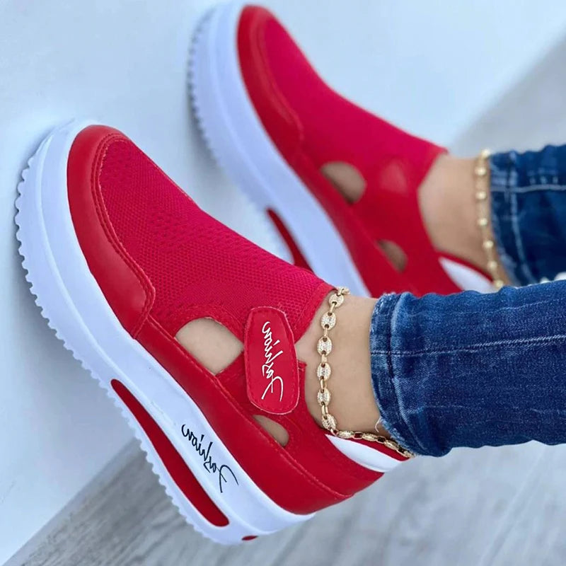 Stylish Red Canvas Sneakers for Women – Lightweight Platform Tennis Shoes with Hollow-Out Design, Perfect for Casual & Sporty Looks